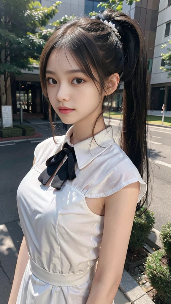 collared dress,european city park,On the lawn,One woman,masutepiece, The highest image quality, High quality, the background is clear,Beautiful woman, Japanese,Ultra-detailed, finely detail, hight resolution, 8K Wallpaper, Perfect dynamic composition, Beautiful detailed eyes , Detailed, Detailed eyes, Detailed skin, Beautiful skin, 超hight resolution, (reality: 1.4),Very beautiful woman, Slightly younger face, Beautiful skin, slender, (Ultra photo realsisim), (hight resolution), (8K), (Very detailed) (beautifully detailed eyes), (super detailed), (Detailed face), view the viewer, Fine details, Detailed face, Staring straight ahead, Staring straight ahead, photos realistic, Bright lighting, Professional Lighting, Black hair,poneyTail,a baby face,sixteen years old,Hairstyle: ponytail,Long ponytail hairstyle,slight smile,neat and tidy clothing,Beautiful Japanese KPOP idol photo, hair style is ponytail, my eyes are double and wide, baby face, smile and look straight ahead, slender, small breasts,Close up face,
