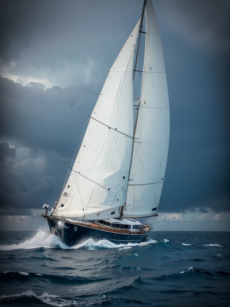 Big sailboat in the middle of storm at sea