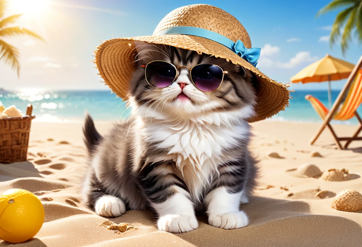 summer、Ocean、Deck chairs on the sand, Several beautiful cute kittens playing, Persian cat,All kittens have different coat colors,Kitten in sunglasses, Kitten in a straw hat, The whole situation evokes joy and happiness,Open your mouth and rejoice, Pay attention to your cat's movements,Pay attention to your kitten's curious feelings, Pay attention to your kitten's emotions of joy, shell, Starfish,Very detailed, Octane Rendering, 3d