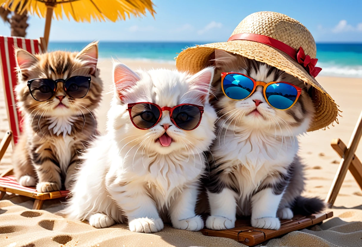 summer、Ocean、Deck chairs on the sand, Several beautiful cute kittens playing, Persian cat,All kittens have different coat colors,Kitten in sunglasses, Kitten in a straw hat, The whole situation evokes joy and happiness,Open your mouth and rejoice, Pay attention to your cat's movements,Pay attention to your kitten's curious feelings, Pay attention to your kitten's emotions of joy, shell, Starfish,Very detailed, Octane Rendering, 3d
