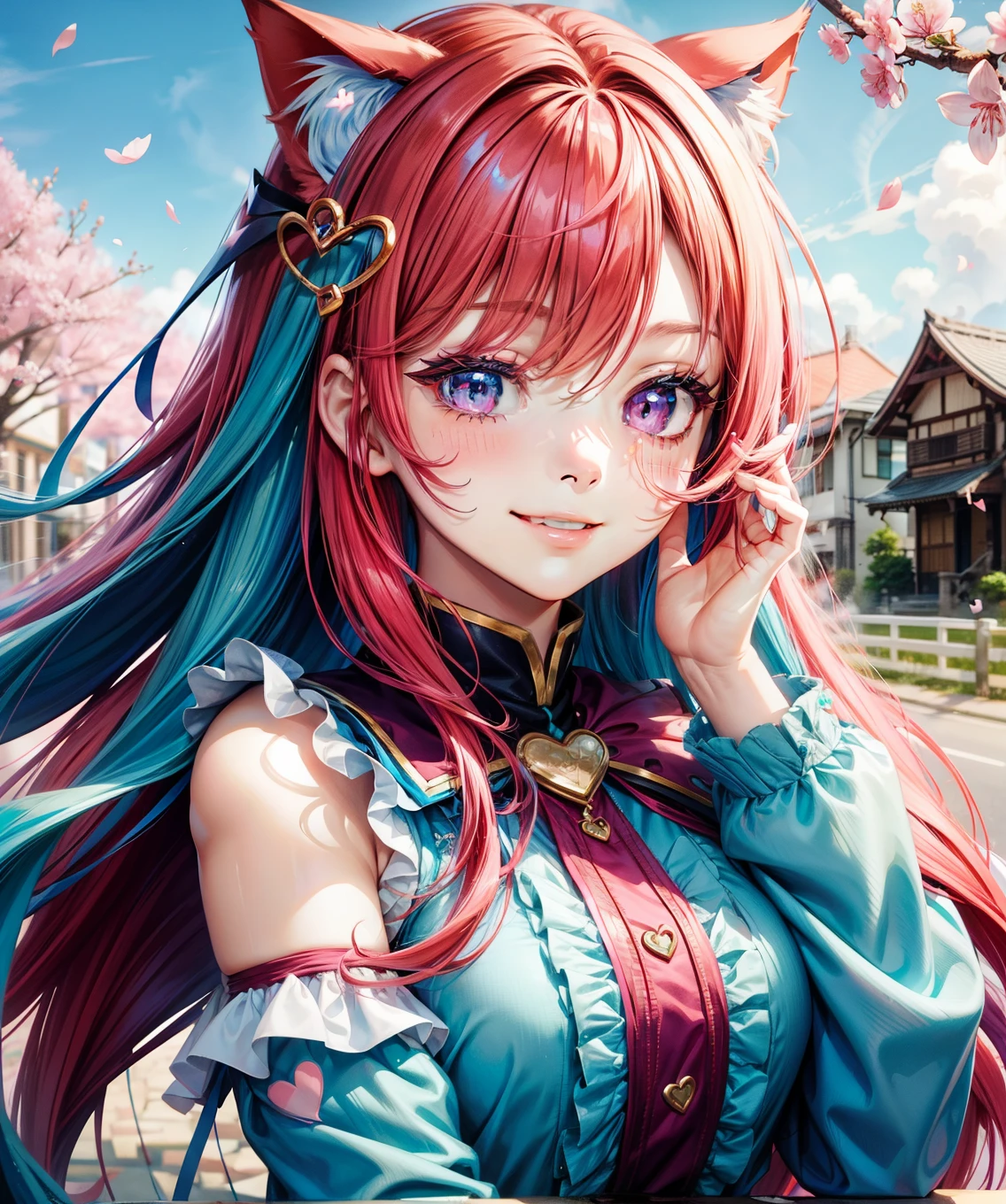 Half blue and red hair, pink eyes, woman, teal blue gold clothes,happy face, sexy, cat ears, hearts, floating hearts, face only, long hair, smiling, cherry blossom, hair ornament, up close face