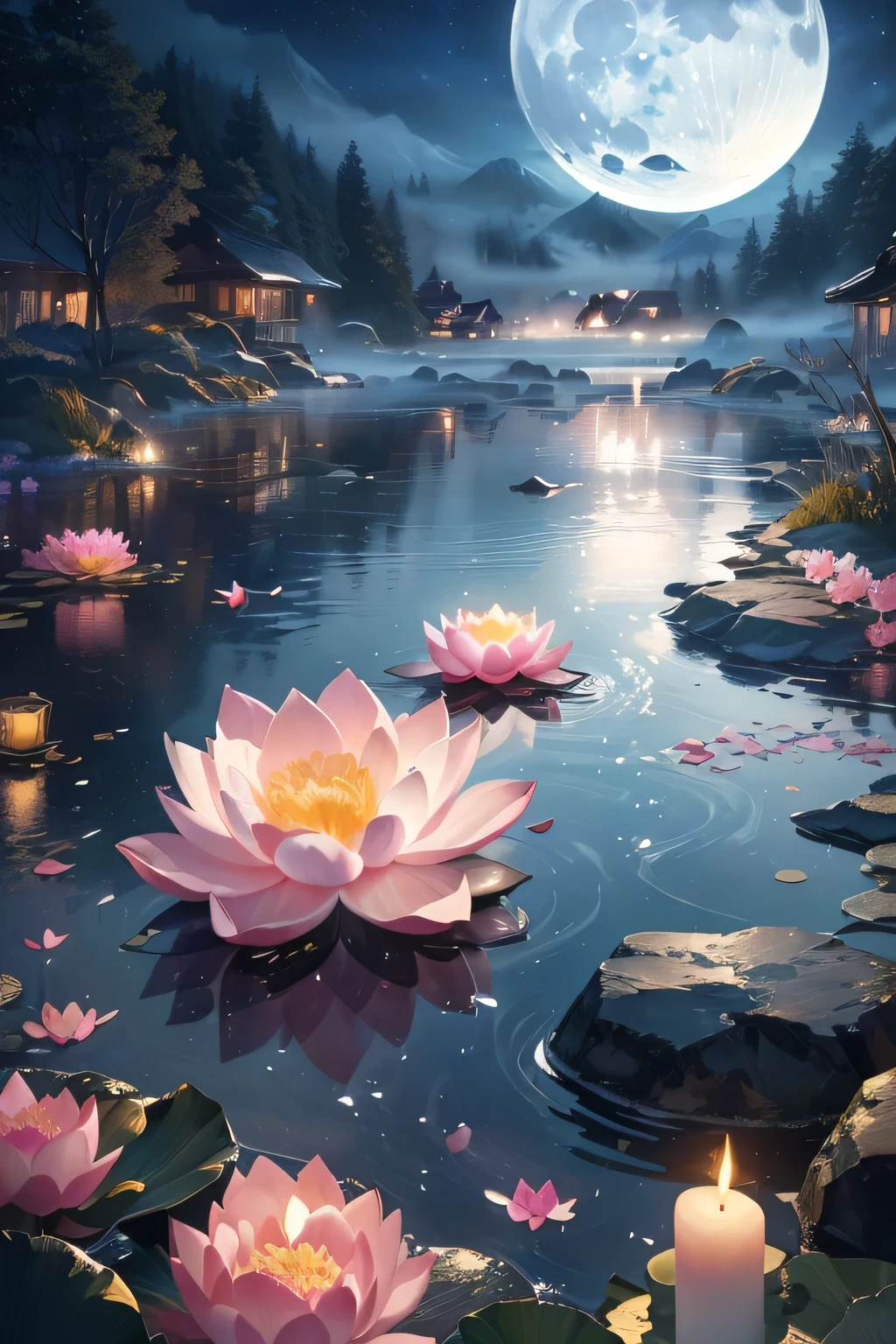 cinematic, (masterpiece), (best quality), (ultra-detailed), very aesthetic, illustration, perfect composition, intricate details, absurdres, HD, (hires textures, high detail:1.2), (4k), beautiful, hot spring, mist, rocks, Peony, glittery mist, moonlight, sky, lots of stars in the sky, water reflections of the night sky, lotus floating on water with candle, flower petals in the water, moon in the sky, Anime art style,
