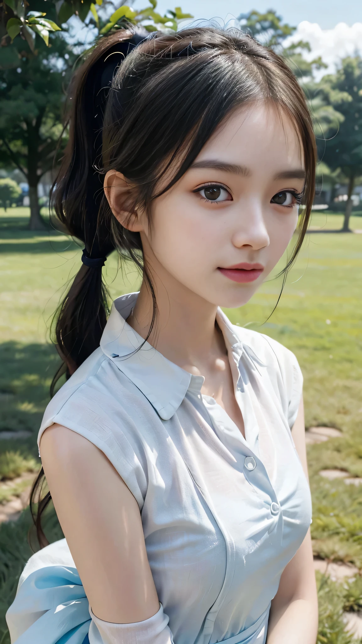 collared dress,european city park,On the lawn,One woman,masutepiece, The highest image quality, High quality, the background is clear,Beautiful woman, Japanese,Ultra-detailed, finely detail, hight resolution, 8K Wallpaper, Perfect dynamic composition, Beautiful detailed eyes , Detailed, Detailed eyes, Detailed skin, Beautiful skin, 超hight resolution, (reality: 1.4),Very beautiful woman, Slightly younger face, Beautiful skin, slender, (Ultra photo realsisim), (hight resolution), (8K), (Very detailed) (beautifully detailed eyes), (super detailed), (Detailed face), view the viewer, Fine details, Detailed face, Staring straight ahead, Staring straight ahead, photos realistic, Bright lighting, Professional Lighting, Black hair,poneyTail,a baby face,sixteen years old,Hairstyle: ponytail,Long ponytail hairstyle,slight smile,neat and tidy clothing,Beautiful Japanese KPOP idol photo, hair style is ponytail, my eyes are double and wide, baby face, smile and look straight ahead, slender, small breasts,Close up face,