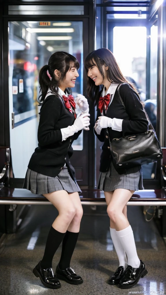 A photo of two mature Japanese gals wearing cardigans with leather shoes and shiny black leather gloves,ribbon bowtie,Heavy makeup face,Ultra-detailed face, Uniform Cosplay,eye make up,Profile of a woman with her legs crossed at the entrance to the subway. Ultra Mini Skirt,The girls are looking at each other and laughing,eye contact,School Bags,This photo was taken in daylight with soft lighting..、The girls are sitting on the ground.。. This photo was taken by someone on their cell phone..、Apparently it was posted on Snapchat.。.