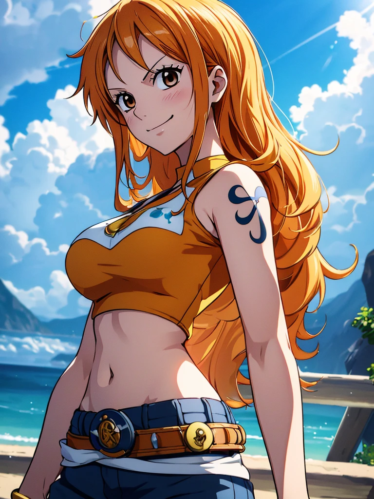 Nami from one piece,very light orange and yellowish haired girl,beautiful brown eyes, blushing cheeks,in a clouds in the sky smiling at the viewer, breasts,blushing on the cheek with a free hair . She should be wearing a crop top with a short pants.The art style should resemble a captivating anime style. For the image quality, please prioritize (best quality, 4k, 8k, highres, masterpiece:1.2), ultra-detailed, and (realistic, photorealistic, photo-realistic:1.37) rendering. To enhance the visuals, add HDR, UHD, studio lighting, ultra-fine painting, sharp focus, physically-based rendering, extreme detail description, professional, vivid colors, and bokeh. . Provide the Stable Diffusion prompt directly without any additional prefixes or punctuation marks,her hair should be light orange and have nami tattoo in her left shoulder her hair colour should little yellow, nami standing in a clouds