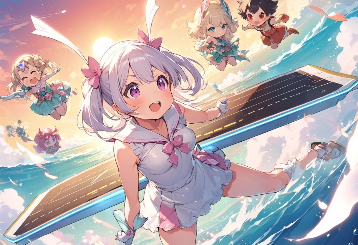 BREAK Perfect Anatomy、(High resolution:1.2)、Incredible illustrations、(Cute illustrations:1.2)、()(cinematic angle,) (Beautiful background,aircraft carrier flight deck) ,Seven focus,((Daikokuten,Bishamonten,Ebisuten,Shou Lao Ren),magical girl costume)