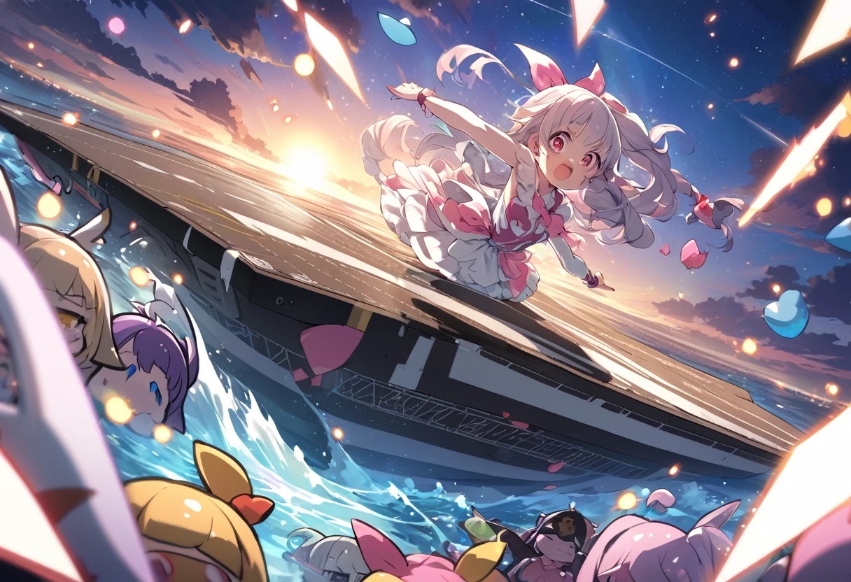 BREAK Perfect Anatomy、(High resolution:1.2)、Incredible illustrations、(Cute illustrations:1.2)、()(cinematic angle,) (Beautiful background,aircraft carrier flight deck) ,Seven focus,((Daikokuten,Bishamonten,Ebisuten,Shou Lao Ren),magical girl costume)
