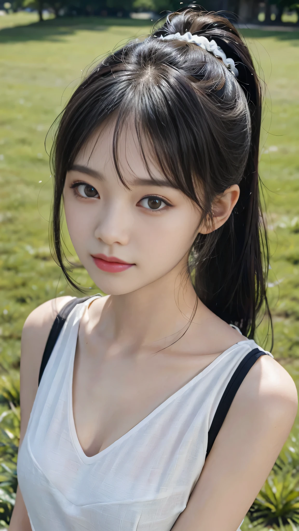 collared dress,european city park,On the lawn,One woman,masutepiece, The highest image quality, High quality, the background is clear,Beautiful woman, Japanese,Ultra-detailed, finely detail, hight resolution, 8K Wallpaper, Perfect dynamic composition, Beautiful detailed eyes , Detailed, Detailed eyes, Detailed skin, Beautiful skin, 超hight resolution, (reality: 1.4),Very beautiful woman, Slightly younger face, Beautiful skin, slender, (Ultra photo realsisim), (hight resolution), (8K), (Very detailed) (beautifully detailed eyes), (super detailed), (Detailed face), view the viewer, Fine details, Detailed face, Staring straight ahead, Staring straight ahead, photos realistic, Bright lighting, Professional Lighting, Black hair,poneyTail,a baby face,sixteen years old,Hairstyle: ponytail,Long ponytail hairstyle,slight smile,neat and tidy clothing,Beautiful Japanese KPOP idol photo, hair style is ponytail, my eyes are double and wide, baby face, smile and look straight ahead, slender, small breasts,Close up face,