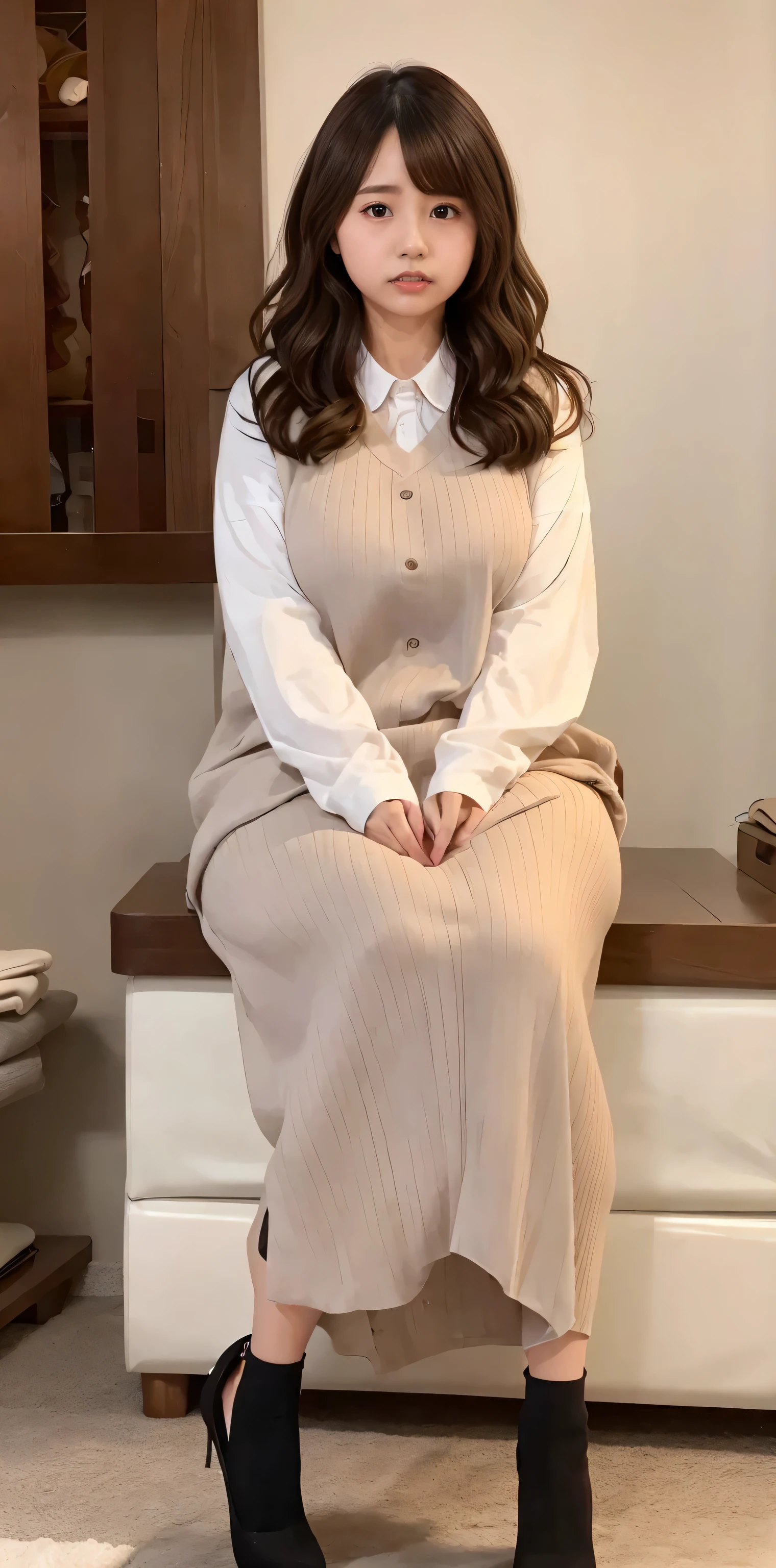 (Highest quality、Highest quality、Raw quality)、Japanese ID, Mature Woman, ((Chubby round face around 40 years old)), Wavy black hair with no bangs, Medium Long Hair, ponytail, Flashy makeup, Fuller lips, Sexy Gaze, uniform, ((dressing)), looking at the camera, Low angle shooting, Cute duck lips,((Very accurate and correct anatomy)), (masterpiece:1.3), Perfect proportions, Realistic photos, Full Shot, whole body, (height: 148cm), High heels