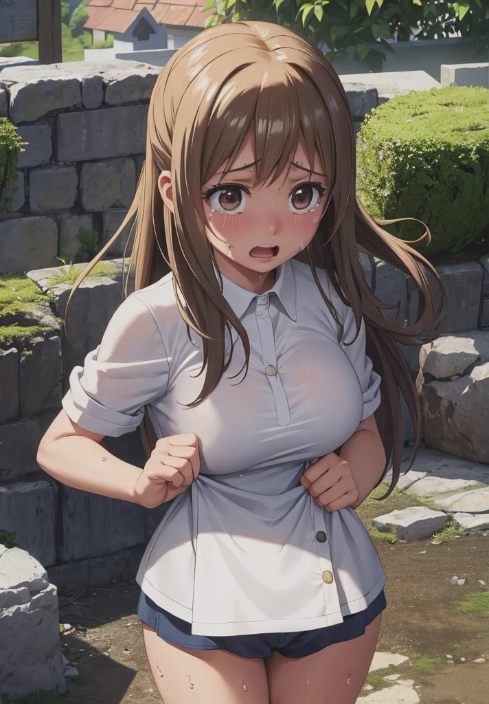 (Photo:1.3), highdetail, Lucy_Heartfilia, Face full of scars、Skin shiny with sweat、 injured scared girl、 crying wet bursting out eyes, real tears streaming down face, ultra-detailed eyes,bandaid on face,covered with mud,expression of despair,Illumination that emphasizes shiny sweat{{{Spread }}},(crotch rope walking:1.0), standing, (masterpiece, best quality, detailed:1.3)