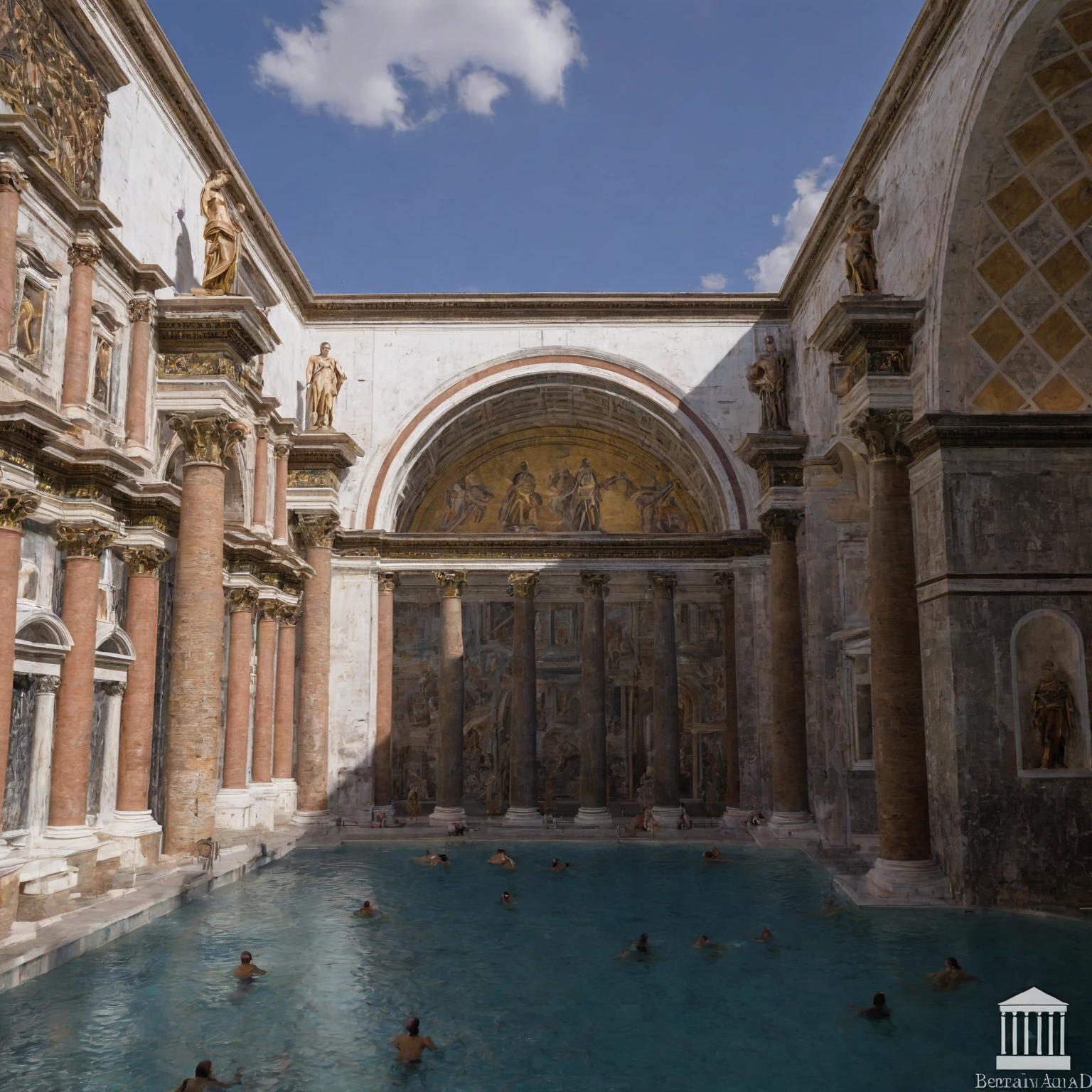 arafed view of a pool with a large altar and a statue, water, swimming pool, pantheon, rome, with great domes and arches, the secrets inside the vatican, interior, secrets inside the vatican, interior of a marble dome, roman architecture, interior view, bernini, italian renaissance architecture, inside view, rotunda, vatican, old roman style, surrealistic roman architecture
