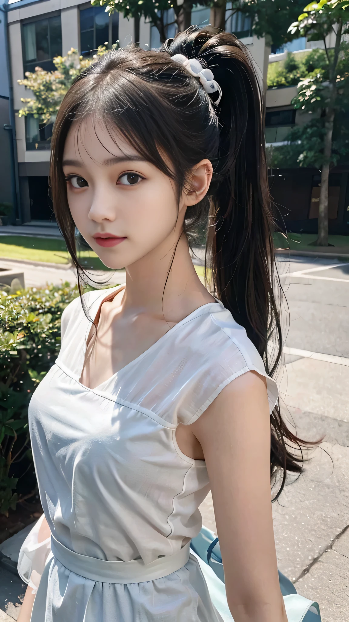 collared dress,european city park,On the lawn,One woman,masutepiece, The highest image quality, High quality, the background is clear,Beautiful woman, Japanese,Ultra-detailed, finely detail, hight resolution, 8K Wallpaper, Perfect dynamic composition, Beautiful detailed eyes , Detailed, Detailed eyes, Detailed skin, Beautiful skin, 超hight resolution, (reality: 1.4),Very beautiful woman, Slightly younger face, Beautiful skin, slender, (Ultra photo realsisim), (hight resolution), (8K), (Very detailed) (beautifully detailed eyes), (super detailed), (Detailed face), view the viewer, Fine details, Detailed face, Staring straight ahead, Staring straight ahead, photos realistic, Bright lighting, Professional Lighting, Black hair,poneyTail,a baby face,sixteen years old,Hairstyle: ponytail,Long ponytail hairstyle,slight smile,neat and tidy clothing,Beautiful Japanese KPOP idol photo, hair style is ponytail, my eyes are double and wide, baby face, smile and look straight ahead, slender, small breasts,Close up face,