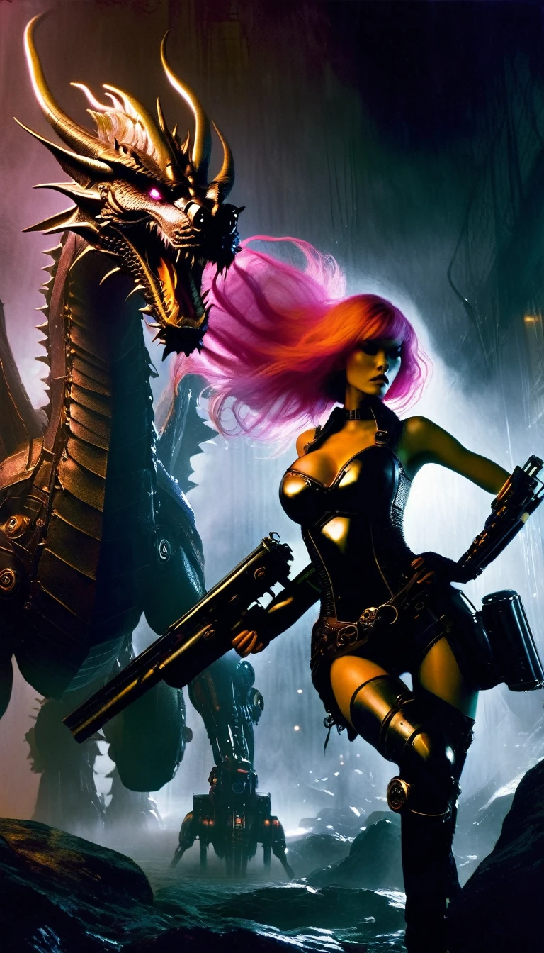 Sexy warrior girl with black steampunk armor, long pink hair, with a big futuristic shotgun, in a battle next to a robotic dragon, fierce battle, dense fog, fire chiaroscuro, sensual, dramatic lighting, moody atmosphere, photorealistic, intricate details, masterpiece, ultra-detailed, high quality, 8k, best quality, realistic, cinematic, dark and brooding, expressionistic, powerful composition, emotional impact, Bill Sienkiewicz inspired art

