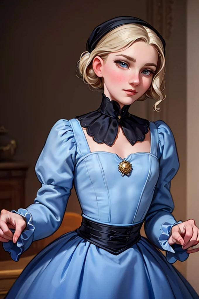 ((best quality)), ((masterpiece)), (detailed), perfect face
Elizabeth Woodley's lithe figure is modestly attired in a simple gray wool dress with a high collar and long sleeves, befitting her position as governess. Her chestnut hair is neatly parted in the middle and swept back into a low chignon, adorned with a plain black snood. Though her attire is unadorned, Elizabeth's natural beauty shines through in her warm hazel eyes and clear complexion. Her gentle demeanor is evident in her soft smile and graceful movements, while her intelligence gleams in her observant gaze. A small cameo brooch, her sole ornament, hints at her refined taste despite her humble circumstances.