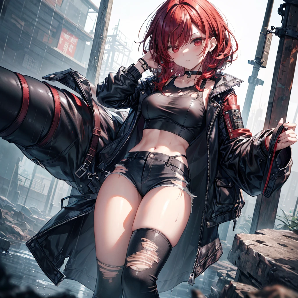 ((Highest quality)), ((masterpiece)), ((detailed)), (4K),1, , 独奏, crop top, darkred hair, leather jacket, torn jeans, choker, bracelet, (rain), ((wet)), see through, (expressionless), scowl, (from below), (looking down), looking at viewer, (open legs), wasteland, town