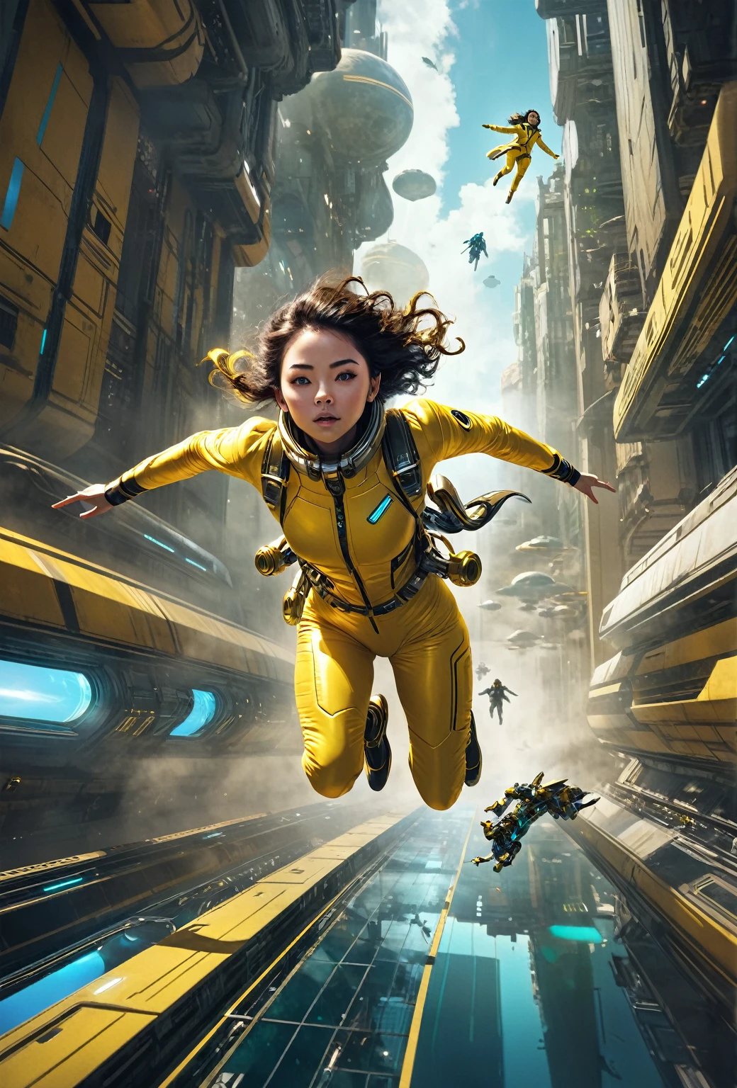 there is a woman in a yellow suit flying through the air, sci-fi digital art illustration, sci - fi illustrations, sci-fi illustrations, sci-fi digital art, sci-fi digital painting, greg beeple, award winning scifi art, ross tran 8 k, epic fantasy sci fi illustration, sci fi digital painting, 4k highly detailed digital art