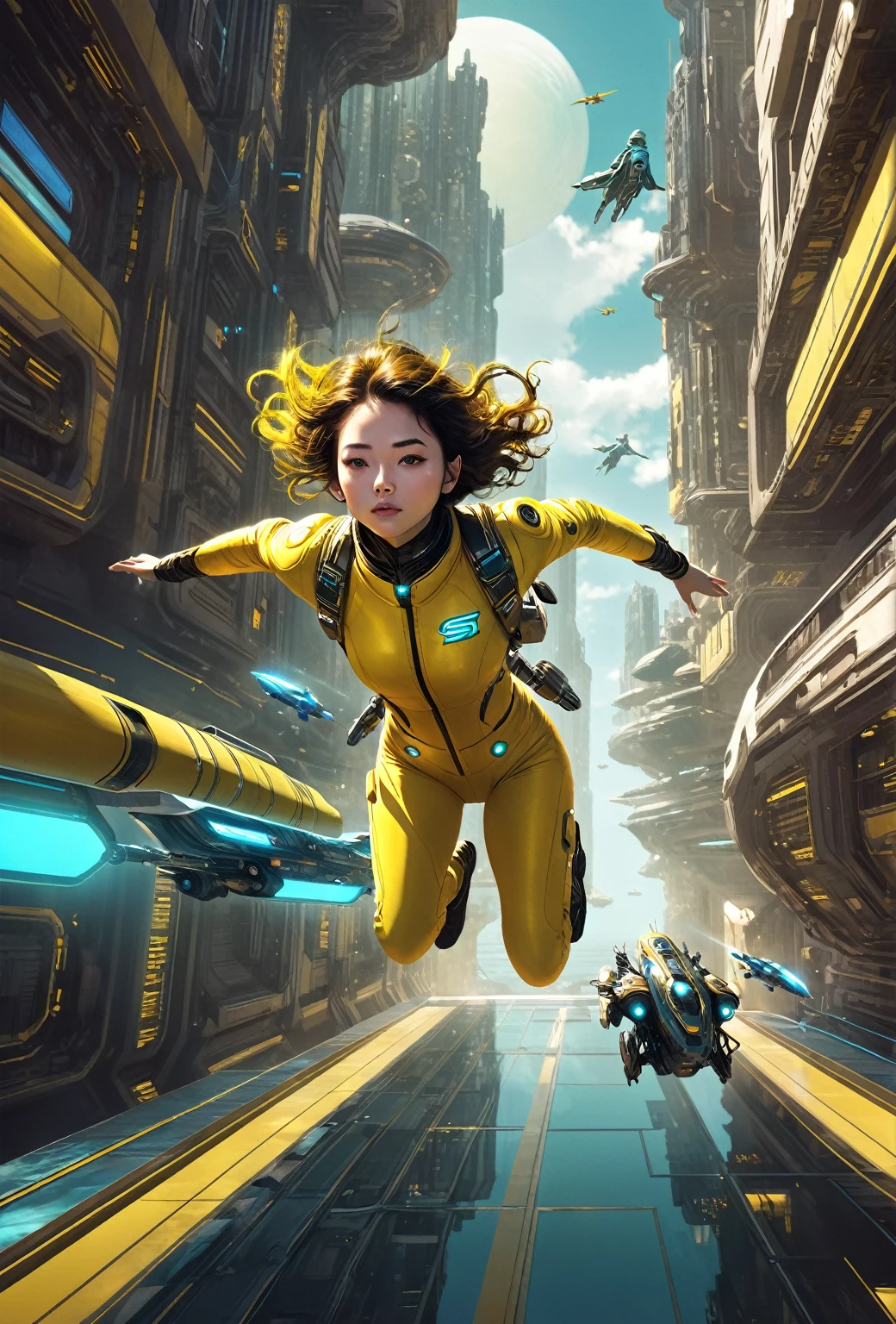 there is a woman in a yellow suit flying through the air, sci-fi digital art illustration, sci - fi illustrations, sci-fi illustrations, sci-fi digital art, sci-fi digital painting, greg beeple, award winning scifi art, ross tran 8 k, epic fantasy sci fi illustration, sci fi digital painting, 4k highly detailed digital art