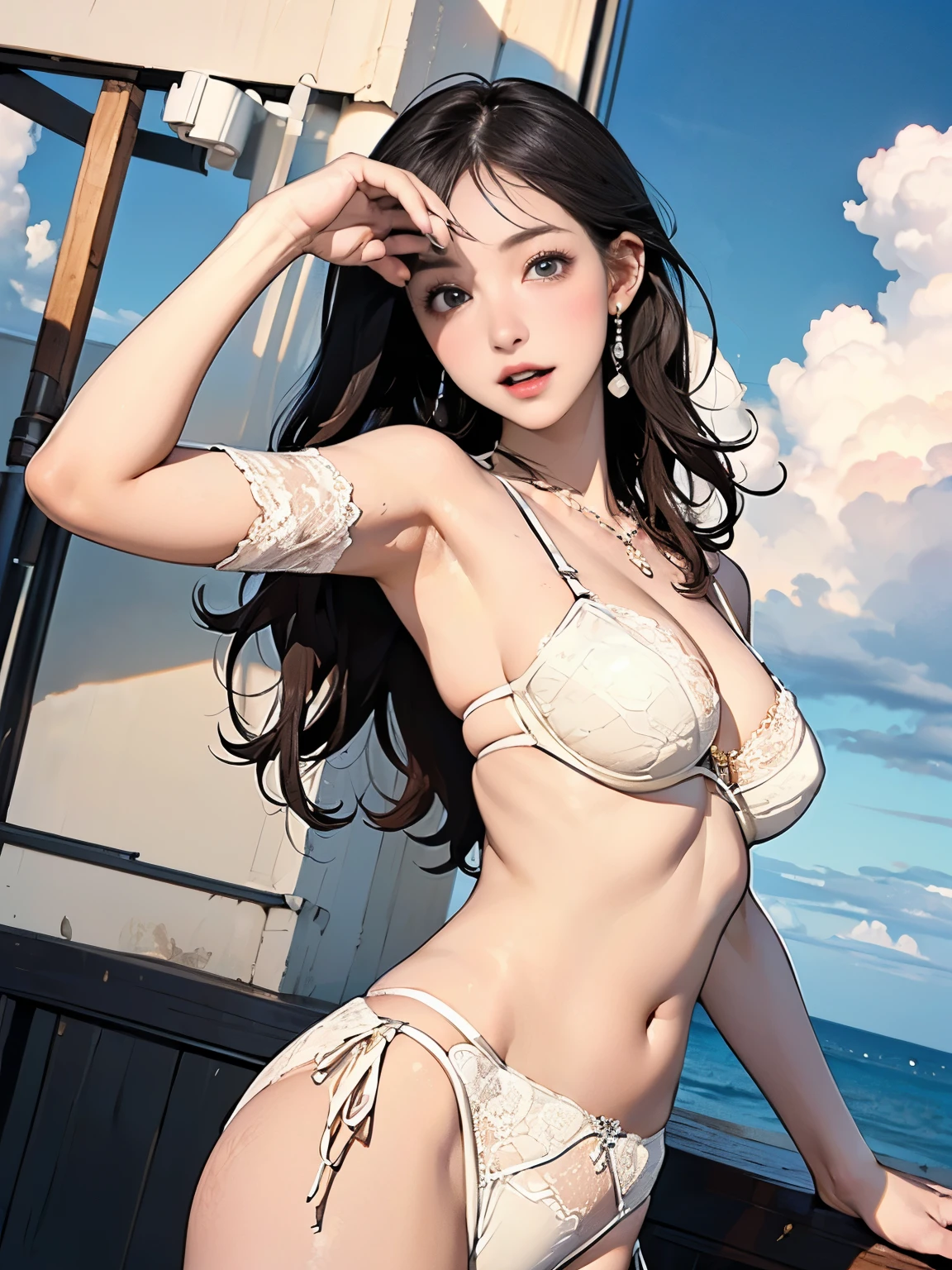 ((((Highest quality))))、(((Ultra-precision CG16K wallpaper)))、(((masterpiece)))、(((Super detailed)))、(((Extreme detail)))、((1Mature 29 year old woman:1.6))、((Very beautiful Japan face of a person))、((Urizane Face:1.8))、((Medium Straight Hair:1.8))、(Shiny Hair)、A delicately drawn beautiful face、(Dark Eyes、Detailed pupil and iris、Detailed eyelashes、Reflected light from the eye)、double eyelid、High nose、Small nostrils、Small Mouth、Seductive lips、Beautiful breasts、((C cup size breasts))、Cleavage、Small belly button、Delicate nails、Beautiful feet、Thin thighs、eight-headed body、Perfect proportions、Perfect Anatomy、Perfect composition、Beautiful detailed shading、Beautiful, natural lighting、Beautiful detail glow、Depth of written boundary、(((High chroma)))、(((Real:1.9)))、((vivid:1.5))、((Beautiful Skin))、((Skin Texture))、((Realな皮膚感))、(((Cowboy Shot:1.6)))、(((front view、shoot from front、front low angle:1.6)))、(((Half-open mouth、Surprised face:1.3)))、(((looking at camera:1.6)))、Bright daylight、Natural light、(((background_Ocean、port、Sky and Clouds:1.5)))、(Gravure idol pose:1.6)、(((Cream ivory lace bikini lingerie:1.6)))、((necklace、Wearing earrings:1.5))、((Lace Stockings Clothed))、