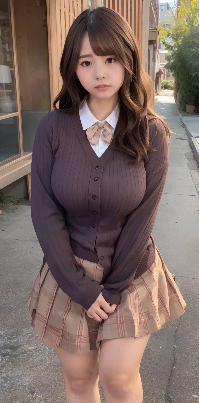 (Highest quality、Highest quality、Raw quality)、Japanese ID, Mature Woman, ((Chubby round face around 40 years old)), Wavy black hair with no bangs, Medium Long Hair, ponytail, Flashy makeup, Fuller lips, Sexy Gaze, uniform, ((dressing)), looking at the camera, Low angle shooting, Cute duck lips,((Very accurate and correct anatomy)),  (masterpiece:1.3), Perfect proportions, Realistic photos, Full Shot, whole body, (height: 146cm), High heels