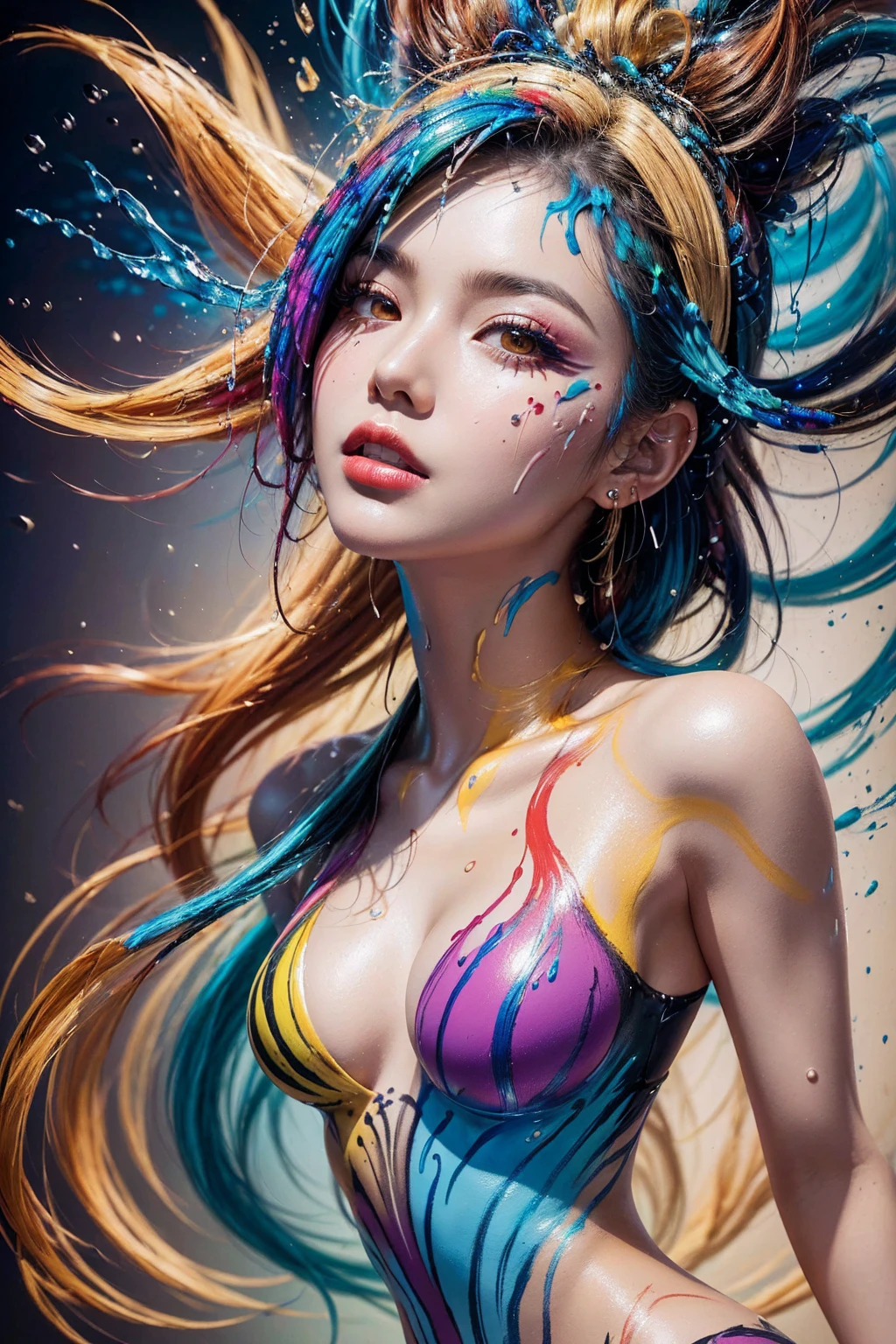 (absurd quality,high-res,masterpiece),(realism,photorealistic), (body painting art, shines multiple colors, ((screen with splashing fluid flowing down, fluid paints:1.22)), extremely detailed:1.3), (in a bright and colorful world:1.35),