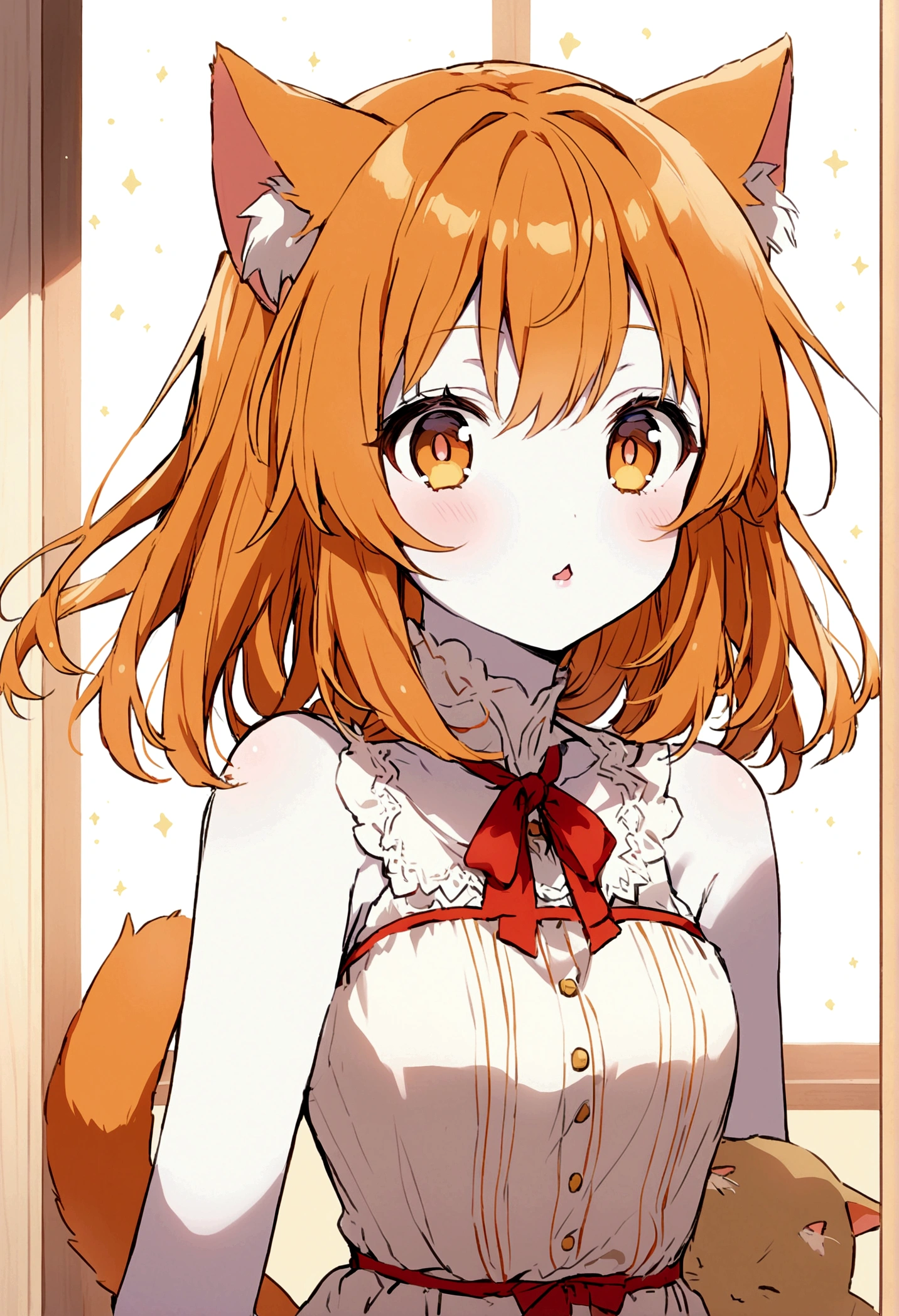 brown eyed anime cat girl, orange hair color and pale skin.