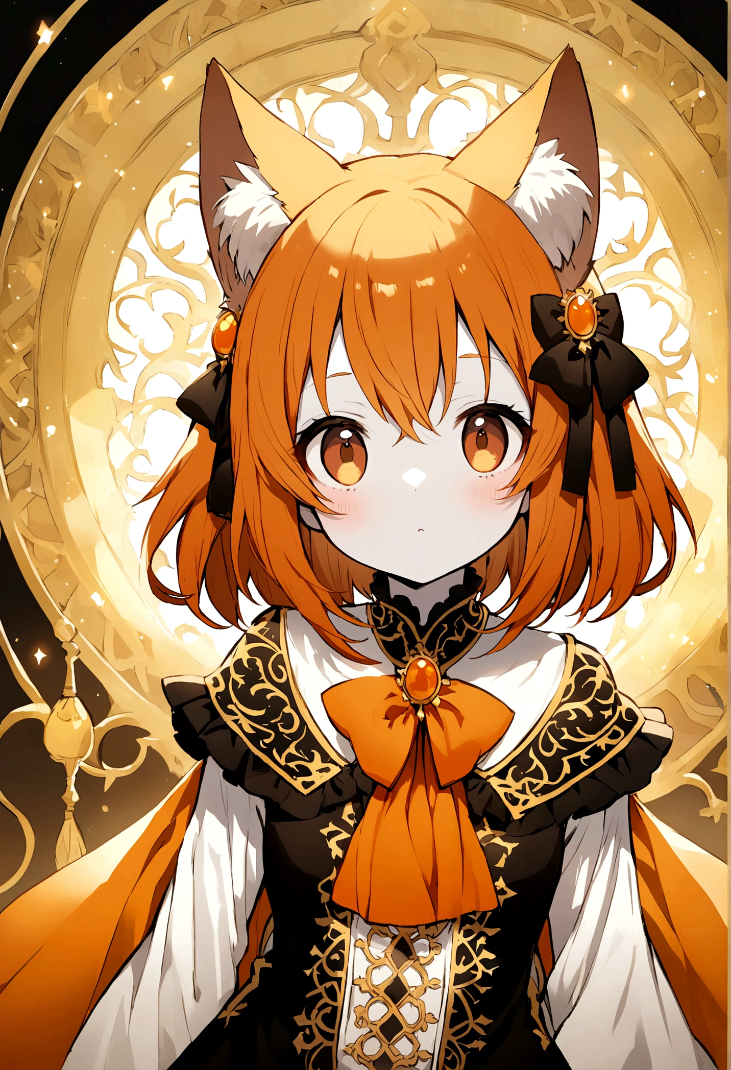 brown eyed anime cat girl, orange hair color and pale skin.