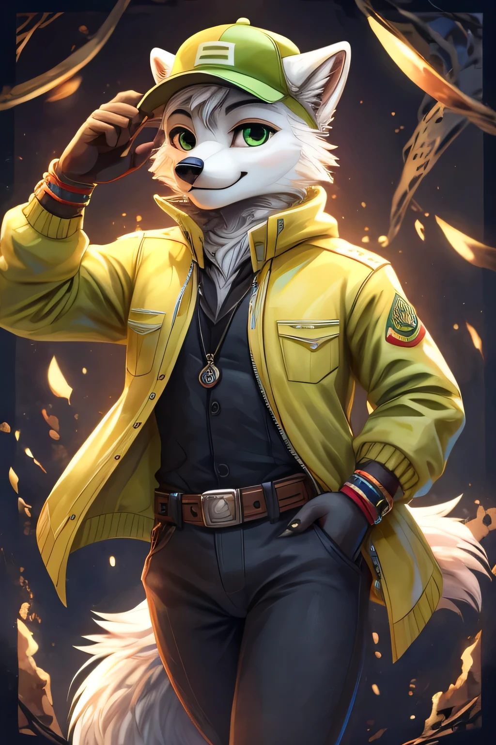 arctic fox wearing a yellow jacket and lime green cap