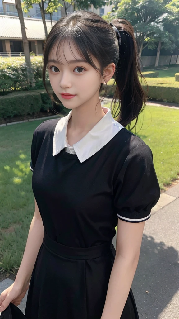 collared dress,european city park,On the lawn,One woman,masutepiece, The highest image quality, High quality, the background is clear,Beautiful woman, Japanese,Ultra-detailed, finely detail, hight resolution, 8K Wallpaper, Perfect dynamic composition, Beautiful detailed eyes , Detailed, Detailed eyes, Detailed skin, Beautiful skin, 超hight resolution, (reality: 1.4),Very beautiful woman, Slightly younger face, Beautiful skin, slender, (Ultra photo realsisim), (hight resolution), (8K), (Very detailed) (beautifully detailed eyes), (super detailed), (Detailed face), view the viewer, Fine details, Detailed face, Staring straight ahead, Staring straight ahead, photos realistic, Bright lighting, Professional Lighting, Black hair,poneyTail,a baby face,sixteen years old,Hairstyle: ponytail,Long ponytail hairstyle,slight smile,neat and tidy clothing,Beautiful Japanese KPOP idol photo, hair style is ponytail, my eyes are double and wide, baby face, smile and look straight ahead, slender, small breasts,Close up face,