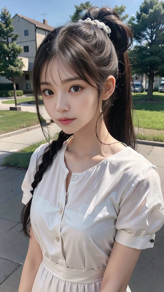 collared dress,european city park,On the lawn,One woman,masutepiece, The highest image quality, High quality, the background is clear,Beautiful woman, Japanese,Ultra-detailed, finely detail, hight resolution, 8K Wallpaper, Perfect dynamic composition, Beautiful detailed eyes , Detailed, Detailed eyes, Detailed skin, Beautiful skin, 超hight resolution, (reality: 1.4),Very beautiful woman, Slightly younger face, Beautiful skin, slender, (Ultra photo realsisim), (hight resolution), (8K), (Very detailed) (beautifully detailed eyes), (super detailed), (Detailed face), view the viewer, Fine details, Detailed face, Staring straight ahead, Staring straight ahead, photos realistic, Bright lighting, Professional Lighting, Black hair,poneyTail,a baby face,sixteen years old,Hairstyle: ponytail,Long ponytail hairstyle,slight smile,neat and tidy clothing,Beautiful Japanese KPOP idol photo, hair style is ponytail, my eyes are double and wide, baby face, smile and look straight ahead, slender, small breasts,Close up face,