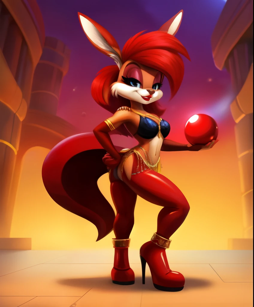 An female anthro kangaroo, red hair, red lipstick, red belly dancer, red boots, holding a futuristic red orb, tiny toons style