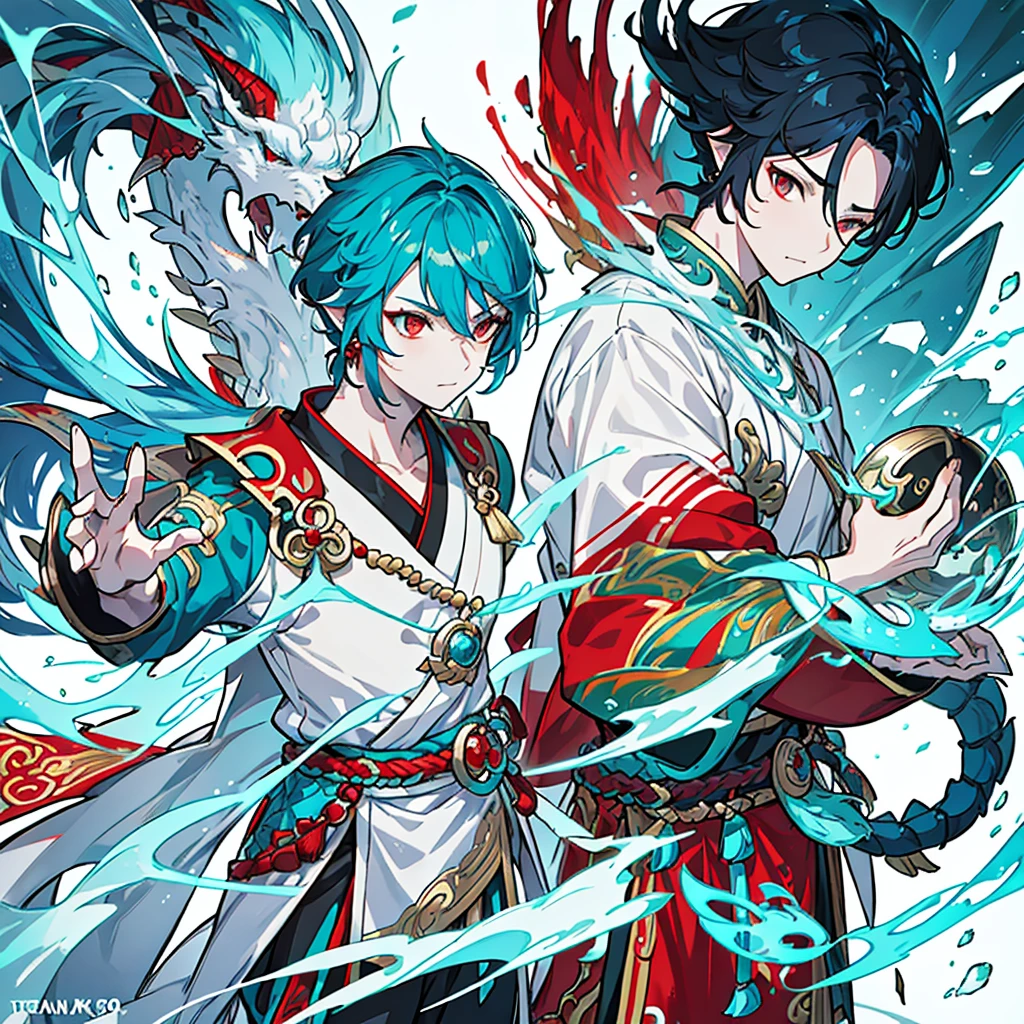 a hybrid teenage chinese dragon boy, medium and slender body, turquoise scales, thin arms, short and messy dark turquoise hair, a horn on the forehead, small and pointed ears with traditional red earrings, iridescent pale eyes, wearing white and turquoise traditional japanese style clothing with red patterns, long chinese dragon tail with turquoise patterns, profile, 1 boy character, pale skin, dark turquoise hair, Kaeya Genshin Impact, Final Fantasy XIV, attack pose, (best quality,4k,8k,highres,masterpiece:1.2),ultra-detailed,(realistic,photorealistic,photo-realistic:1.37),intricate details,hyper realistic,dramatic lighting,cinematic,digital art,illustration,fantasy,concept art

1 boy alone