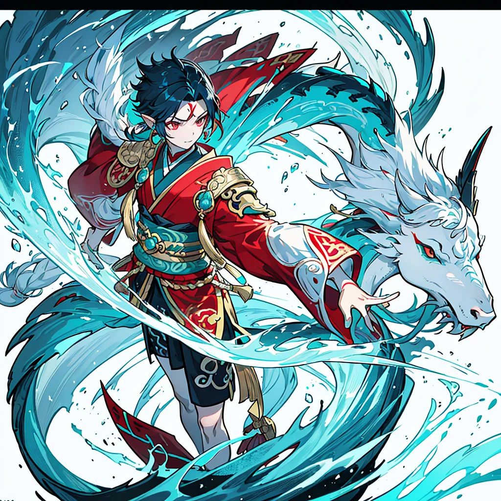 a hybrid teenage chinese dragon boy, medium and slender body, turquoise scales, thin arms, short and messy dark turquoise hair, a horn on the forehead, small and pointed ears with traditional red earrings, iridescent pale eyes, wearing white and turquoise traditional japanese style clothing with red patterns, long chinese dragon tail with turquoise patterns, profile, 1 boy character, pale skin, dark turquoise hair, Kaeya Genshin Impact, Final Fantasy XIV, attack pose, (best quality,4k,8k,highres,masterpiece:1.2),ultra-detailed,(realistic,photorealistic,photo-realistic:1.37),intricate details,hyper realistic,dramatic lighting,cinematic,digital art,illustration,fantasy,concept art

1 boy alone