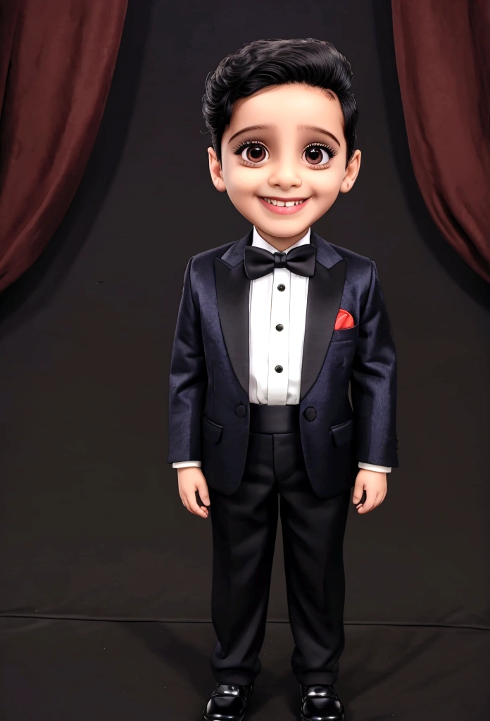 Ravi smiling for photo, standing, many toys, formal outfit