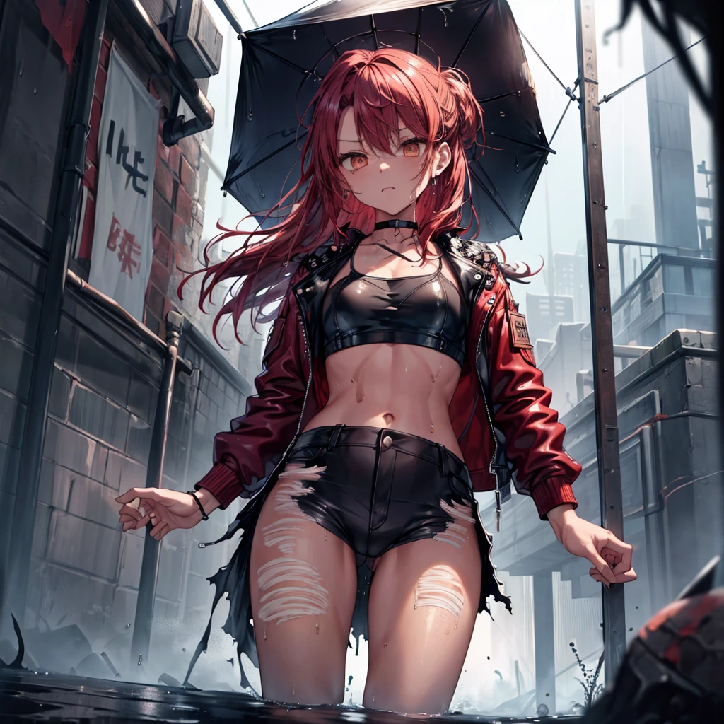 ((Highest quality)), ((masterpiece)), ((detailed)), (4K),1, , 独奏, crop top, darkred hair, leather jacket, torn jeans, choker, bracelet, (rain), ((wet)), see through, (expressionless), scowl, (from below), (looking down), looking at viewer, (open legs), wasteland, town