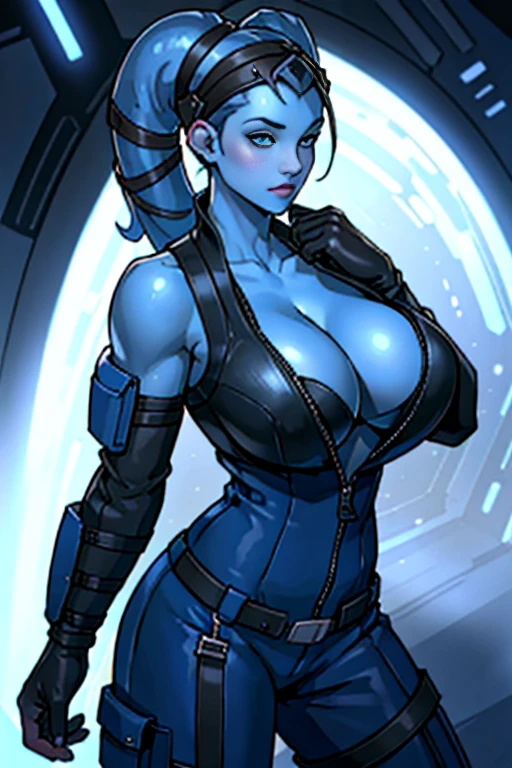 (masterpiece:1.2, best quality:1.2, beautiful, high quality, highres:1.1, aesthetic), detailed, extremely detailed, ambient soft lighting, 4K, perfect eyes, perfect face, perfect lighting, 1girl, (((oily light blue skin)), twi'lek), (wearing crotchless black leather jumpsuit (torn open), topless flight suit, unzipped (top fully down, wide open massive oily cleavage with enormous tits fully out and exposed), 3 small gold necklaces, utility belt, fingerless gloves, rolled sleeves, long boots, (massively busty, very oily blue skin, 3 small gold necklaces, very fit, trim, 6 packed abs, athletic build, hyper muscular definition with intensely raised vascular veins bulging all over her ((((gigantic breasts), massive , huge , colossal breasts, enormous wide open cleavage, (enormous, hard, engorged, leaking nipples), and massively wide dark areolae (all fully exposed)))), , on the floor of a Rebel starship, smiling innocently down at black male viewer (eye contact) while riding on black male viewer with her back fully arched in a POV cowgirl position, with black male viewer's massive black ebony cock visibly and deeply inserted into her hairy, dripping wet pussy, Star Wars,