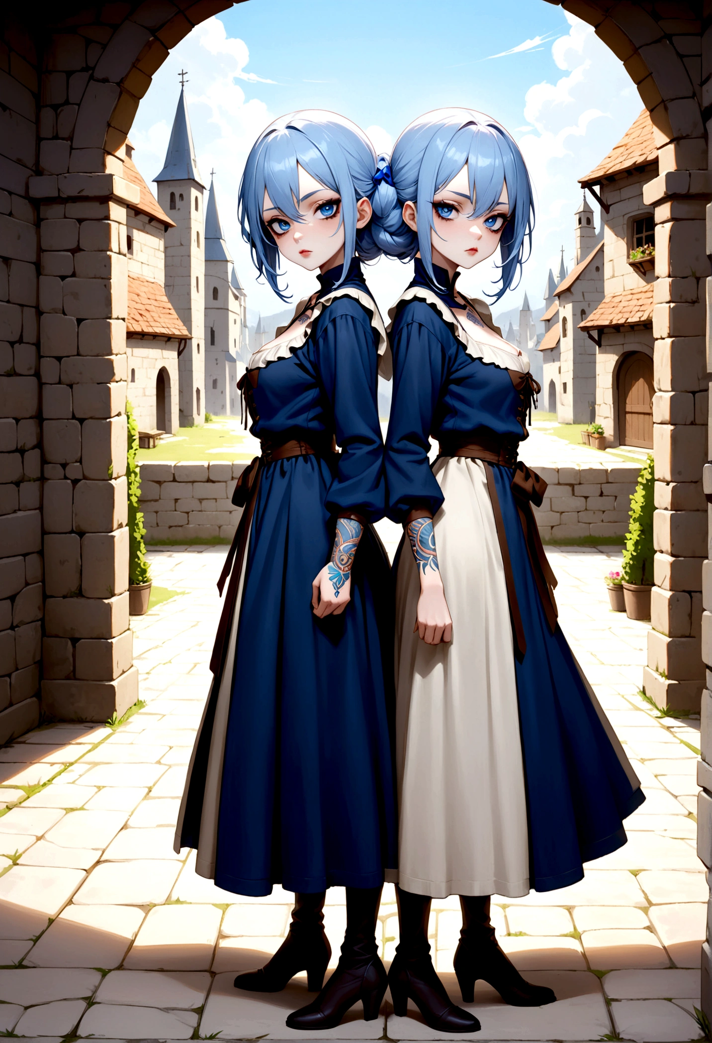 (masterpiece, Best quality, 32 thousand.), (((facing the viewer, full height))), ((full body)), age man with blue hair , ((Blue eyes)), ((Tattoo under eyes)), ((Beautiful face, sultry face, mischievous face, fine features, sexy face)), ((pale skin, Smooth skin, perfect skin)), ((medieval classic costume, fantasy outfit)), ( White pants )