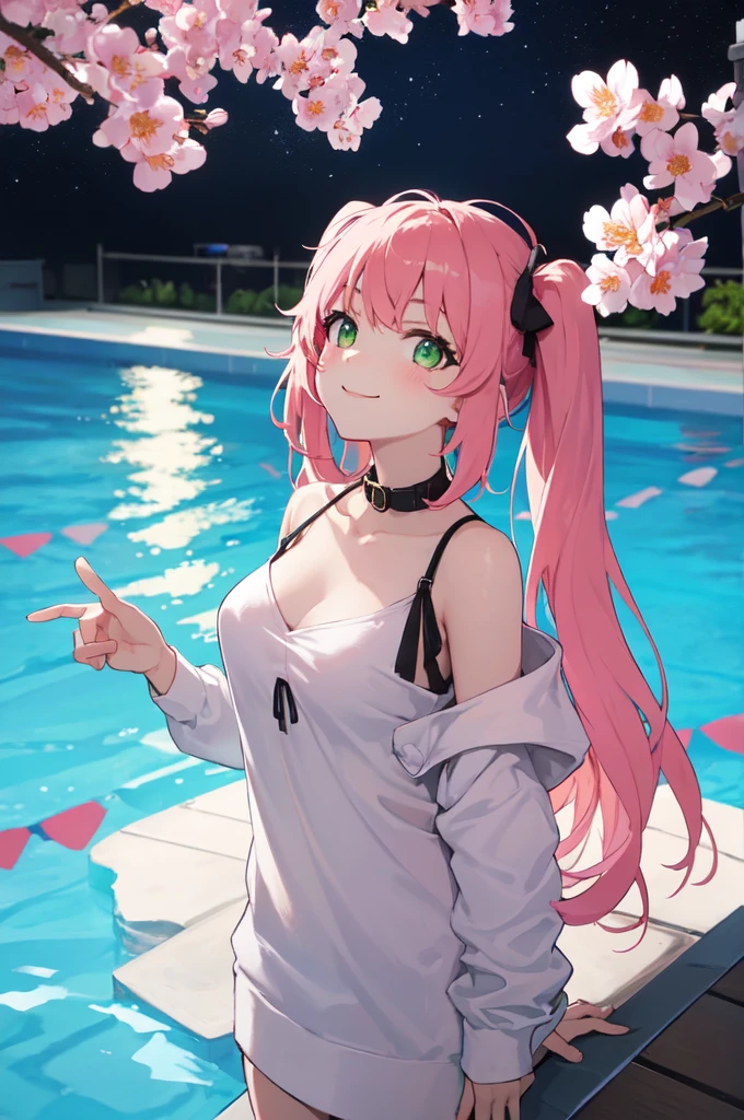 Room, HD, 8K,Night,night sky,HuTaoV4,2girl,duo person,
,long pink hair, off shoulder,tits size is not big
collar bone, look at viewer,green eyes,
perfect fingers,
armpit peek, Beautiful twintail, (sparkles),
(There is a blooming sakura), home pool
standing on pool, (head looking up),smile,
Natural soft light, macaron,
Still ethereal, Crisp and smooth lines,light form eyes, soft luminescent glow,
Black hoodie, tigh, pale skin, good skin,
white skin