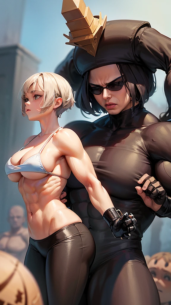 Woman in black bikini and small man in white shirt, weak and small man, thin and small physique, Very beauthful. , ,weak and defenseless man, small physique, , muscular ultraviolent woman, muscular and scary, absurdly huge physique, big muscles, extremely muscular woman, woman stepping on man, small man being stepped on by woman,