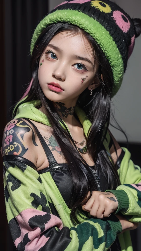 A 10 year old girl with colorful vibrant hairstyle, wearing a black cat hat, Her gorgeous eyes are looking upwards to her left with a soft expression. She has tattoos visible on her arms and face. She's dressed in a green camouflage jacket over a pink top, ultra hd, 8k detailed