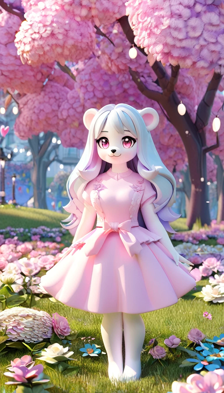 Create a 3D digital illustration of a beautiful and charming fluffy white bear girl with unique and eye-catching features. The cute girl has sparkling pink eyes and long, flowing hair. She has a warm and inviting smile, adding to her charm. The girl is dressed in a casual and comfortable pastel blue and pink outfit, creating a playful and stylish look. The outfit is adorned with cute bear designs, enhancing the whimsical vibe of the scene. The girl is in a perfect position, standing with confidence amidst a variety of colorful and lively attractions in the park. The background is filled with beautiful trees and flower-filled areas, adding to the magical and serene atmosphere of the scene. The illustration should be highly detailed, showcasing the unique and enchanting beauty of the cute fluffy white bear girl.