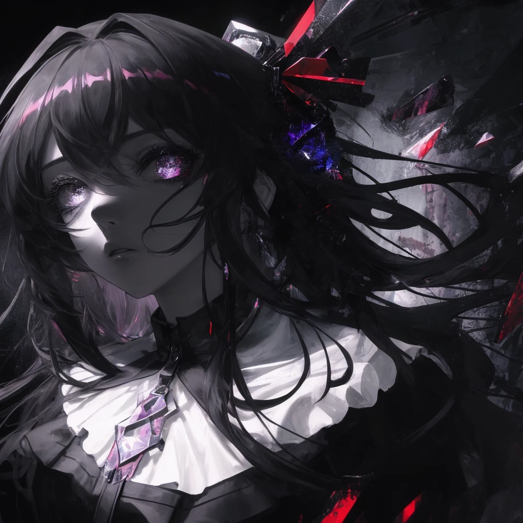 ((masterpiece)), Best quality, Ultra high resolution, extremely detailed, dark lighting, difficult, psychedelic, surreal, Cinematic lighting, One, looking at the camera, high contrast, deafening, emotional, surreal, 1 girl, from the back, Gradient detailed gray-black eyes, Model Figure, long black wavy hair, blood, demonic, fracture, Black background, depressive, dark gothic style, Dead Inside, horror, Anime IRL, realistic shadows, fractures, Gloomy atmosphere,