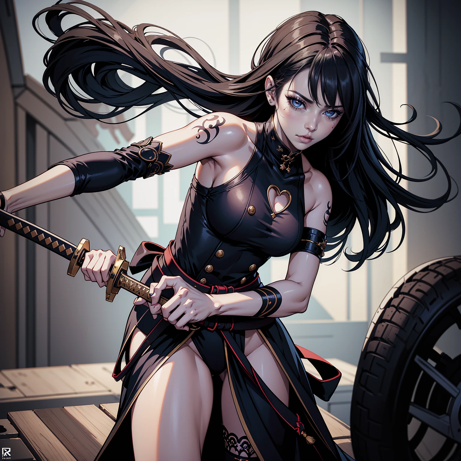 Masterpiece, Professional, High Definition - quality, sharp focus, perfect artwork, Best Illustration, trending on artstation, UHD, 4k, full body, NSFW
"A cinematic movie still of a tattooed girl, Irakli Nadar, standing confidently holding a katana sword. In the style of Kawacy art, with an ultra-focused Niji-inspired background, she wears Maidcore attire. Her face is rendered in hyperrealism, showcasing realistic features and detailed expressions. Her hands cradle the sword with precision, while her hair is styled in perfect, fantaerotic locks. The muted color palette adds to the cinematic atmosphere. In a mugshot-like pose, she gazes straight ahead, with a hint of absurdity in her demeanor. Finger hearts and CT-virtual details complete the TechStreetwear-inspired scene.
Negative Prompt"