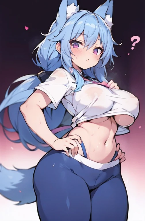 high qualiy, work of art, super verbose, 1 名Kizi, extremely detailed faces,fox ears, long messy blue hair,twin-tail,pink eyes,Taking care of students,Kizi ,White sports shortswhite short sleeves,Clothes soaked with sweat,Place your hands on your chest,Bright meadow,wilderness,beautiful ass, big breasts, slim, perfectbody