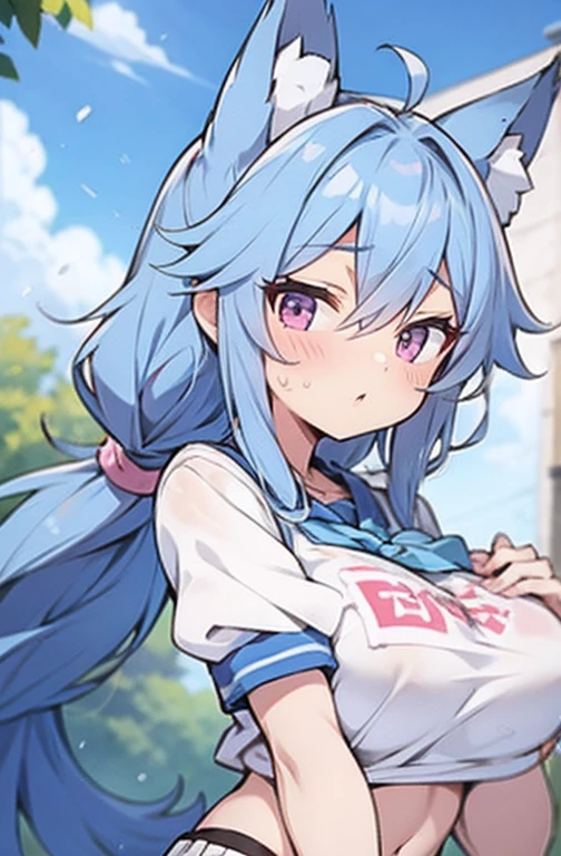 high qualiy, work of art, super verbose, 1 名Kizi, extremely detailed faces,fox ears, long messy blue hair，twin-tail，pink eyes，Taking care of students，Kizi ，White sports shortswhite short sleeves，Clothes soaked with sweat，Place your hands on your chest，Bright meadow，wilderness，beautiful ass, big breasts, slim, perfectbody