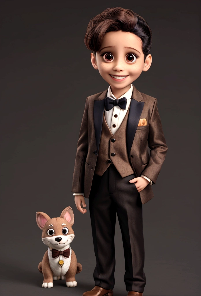 Ravi smiling for photo, standing, many toys, formal outfit, Light brown bun hair
