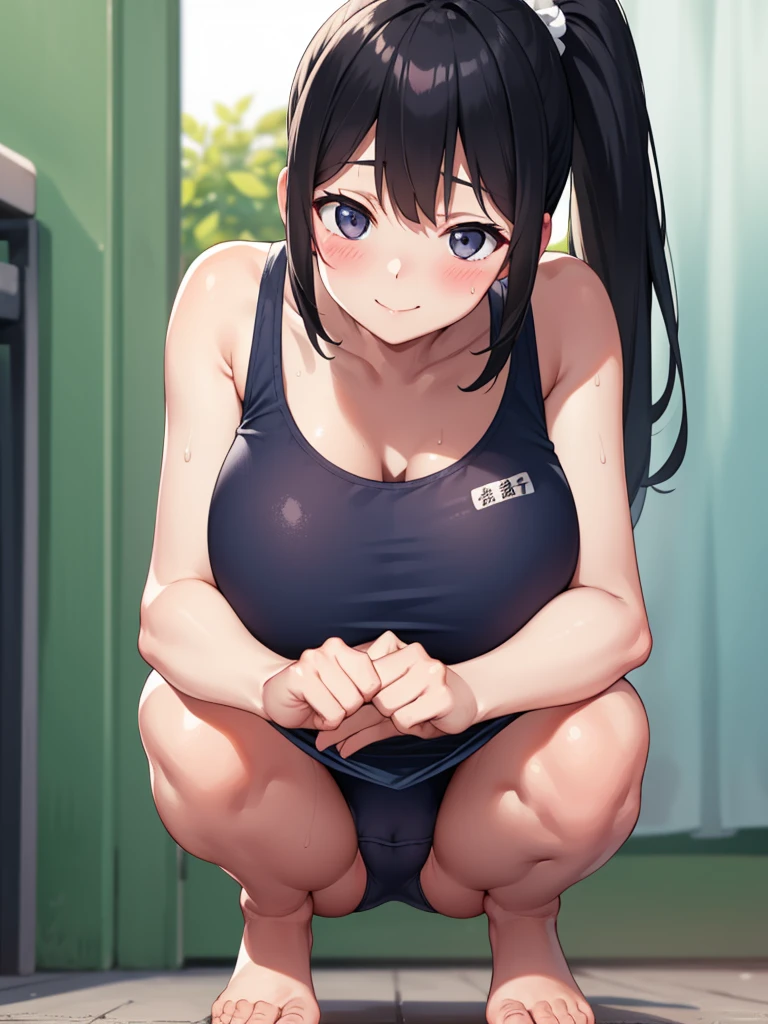 Residential Street,smile,Squat,1  ,ponytail,Black Hair,blush,Navy school swimsuit,barefoot,White skin,summer,From below,shy,Sweat,shy,Super big breasts、School swimsuit that looks like it's going to tear