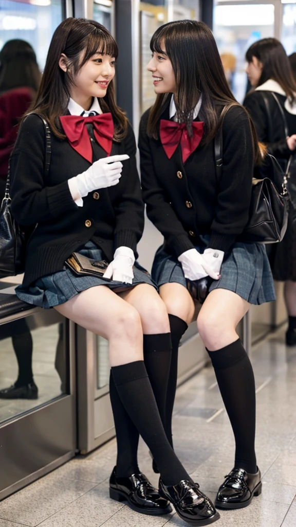 A photo of two mature Japanese gals wearing cardigans with leather shoes and shiny black leather gloves,ribbon bowtie,Eyes open,Heavy makeup face,Ultra-detailed face, Uniform Cosplay,eye make up,Profile of a woman with her legs crossed at the entrance to the subway. Ultra Mini Skirt,The girls are looking at each other,eye contact,School Bags,This photo was taken in daylight with soft lighting..、The girls are sitting on the ground.。. This photo was taken by someone on their cell phone..、Apparently it was posted on Snapchat.。.