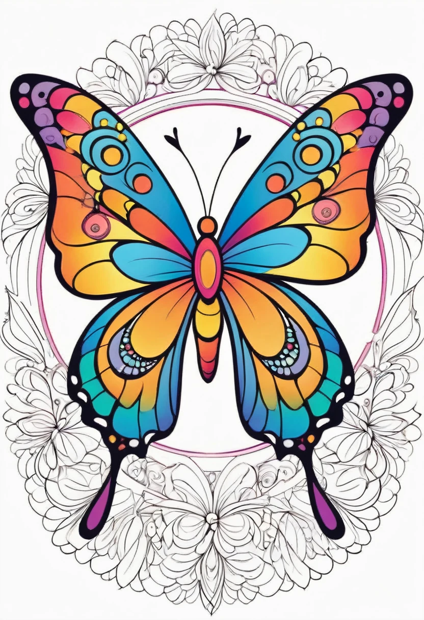 happy colored butterfly, Simplified Mandala style, outline, vector, white background