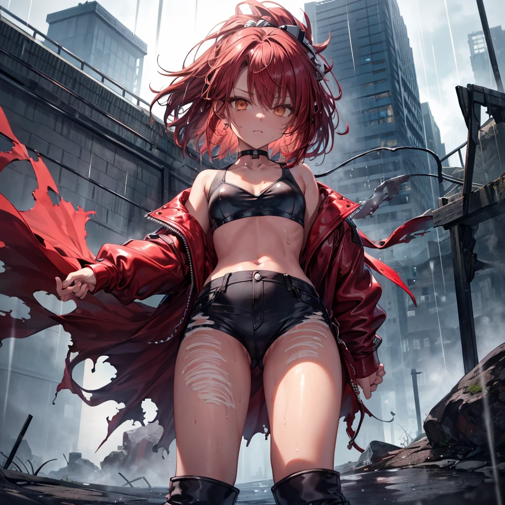 ((Highest quality)), ((masterpiece)), ((detailed)), (4K),1, , 独奏, crop top, darkred hair, leather jacket, torn jeans, choker, bracelet, (rain), ((wet)), see through, (expressionless), scowl, (from below), (looking down), looking at viewer, (open legs), wasteland, town