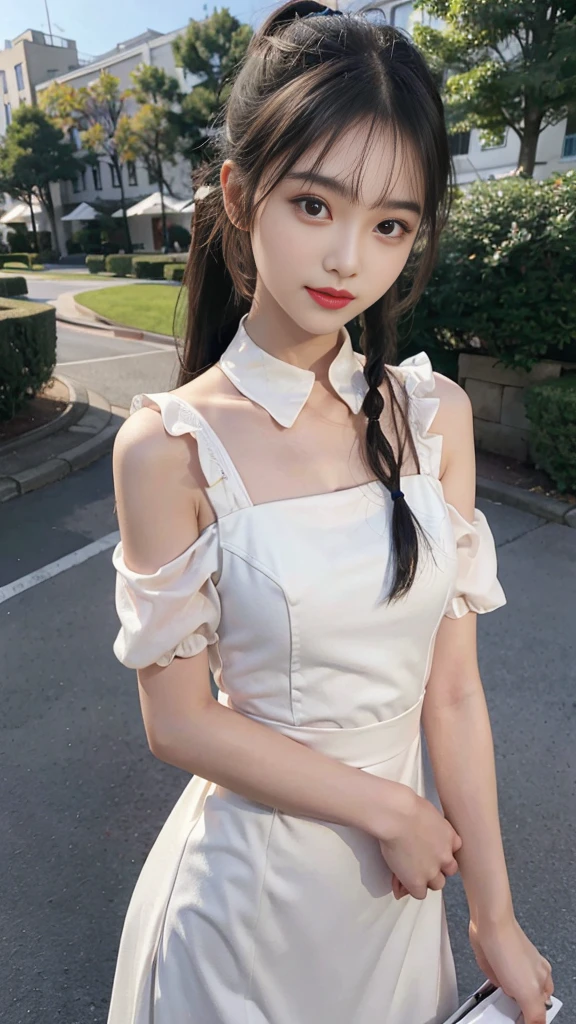 collared dress,european city park,On the lawn,One woman,masutepiece, The highest image quality, High quality, the background is clear,Beautiful woman, Japanese,Ultra-detailed, finely detail, hight resolution, 8K Wallpaper, Perfect dynamic composition, Beautiful detailed eyes , Detailed, Detailed eyes, Detailed skin, Beautiful skin, 超hight resolution, (reality: 1.4),Very beautiful woman, Slightly younger face, Beautiful skin, slender, (Ultra photo realsisim), (hight resolution), (8K), (Very detailed) (beautifully detailed eyes), (super detailed), (Detailed face), view the viewer, Fine details, Detailed face, Staring straight ahead, Staring straight ahead, photos realistic, Bright lighting, Professional Lighting, Black hair,poneyTail,a baby face,sixteen years old,Hairstyle: ponytail,Long ponytail hairstyle,slight smile,neat and tidy clothing,Beautiful Japanese KPOP idol photo, hair style is ponytail, my eyes are double and wide, baby face, smile and look straight ahead, slender, small breasts,Close up face,